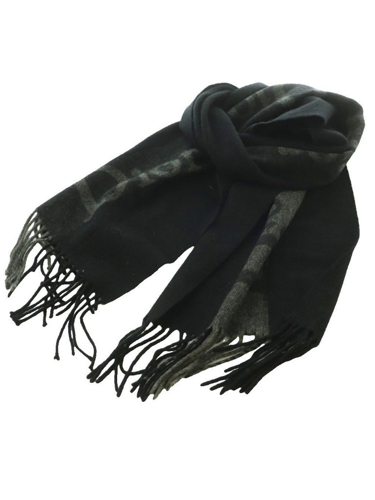 Dior Scottish Scarf Shawl Fringe Logo Wool Cashmere Blend Black Gray Ss